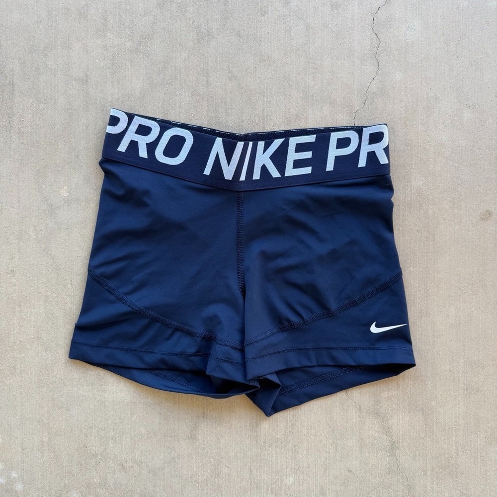 Nike Pro Womens Small Navy Blue Dri-FIT Compression Shorts Logo Waistband